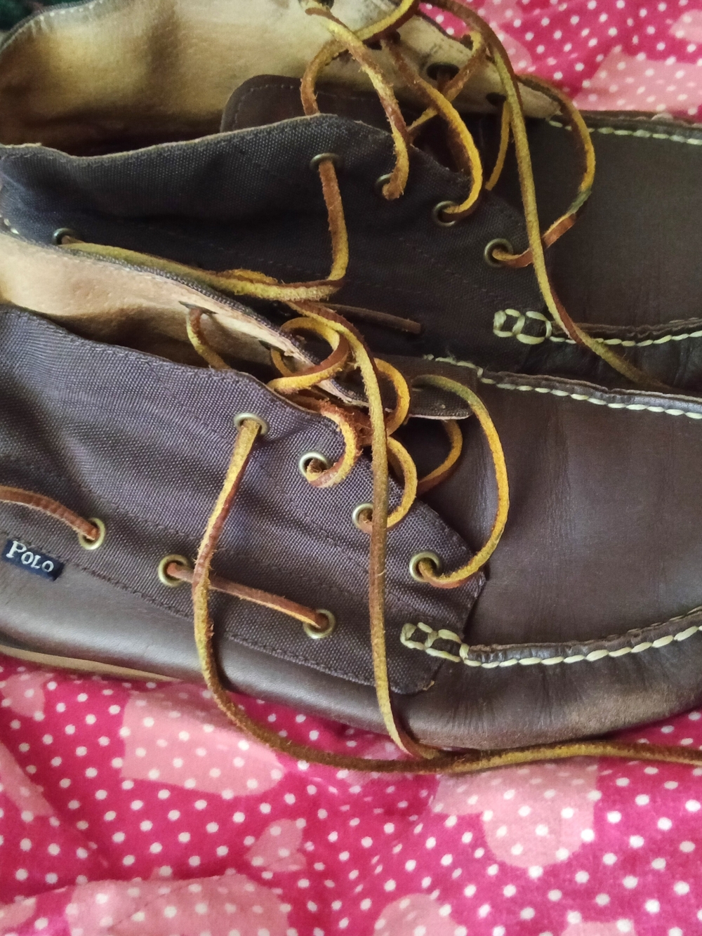 Polo Ralph Lauren Brown Canvas & Leather Boat Shoes with Laces Barrott Boots 9.5